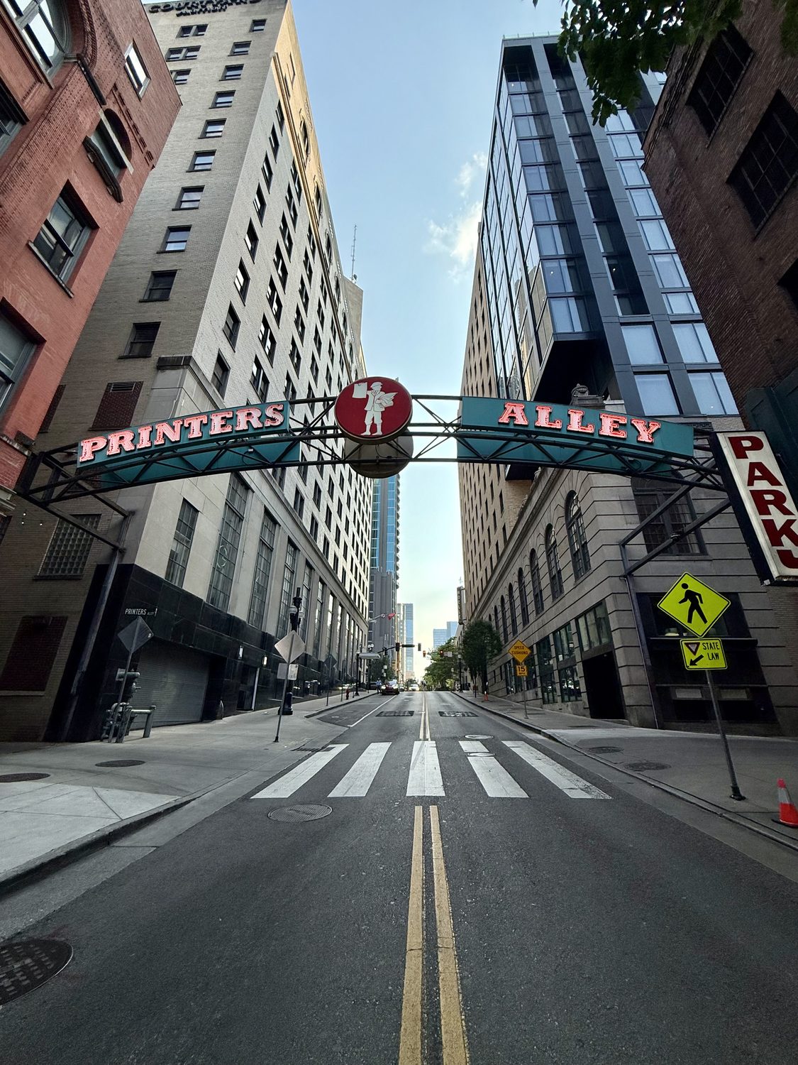 Downtown high-rises over a city street