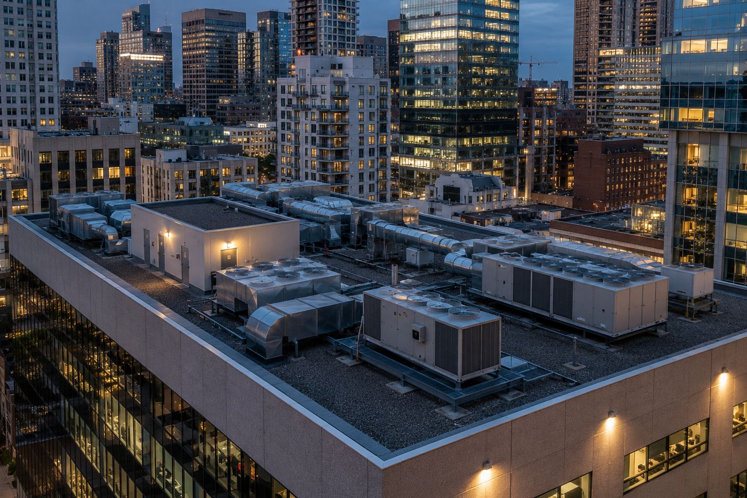 A commercial rooftop at dusk crowded with rooftop units, ducting and condensers, with a lit city skyline behind